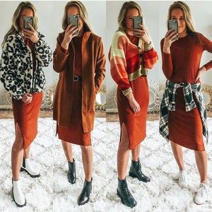 Rib-Knit Long-Sleeve Midi Shift Dress